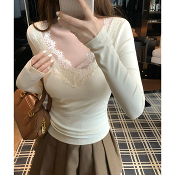 Sweet and Youthful Lace Patchwork Long-Sleeve T-Shirt for Women, New Spring Style, Slimming, High-End, Unique, Super Stylish Top, Ins