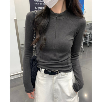 Korean Style Half-High Collar Slim-Fit T-Shirt for Women, New Autumn and Winter Half-Zip Ribbed Raglan Sleeve Pullover with Thermal Lining