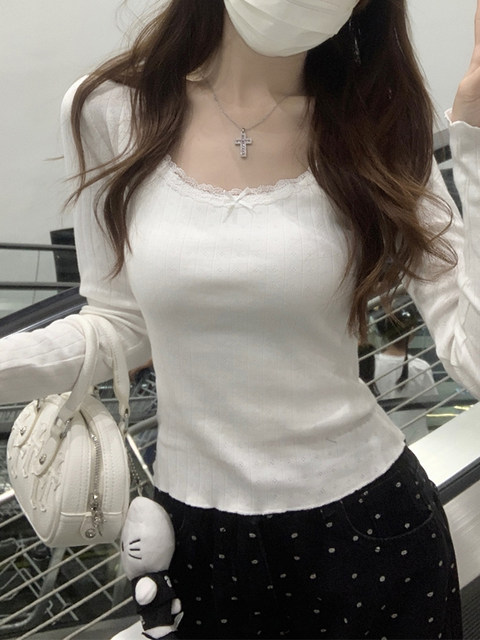 Fashionable Age-Reducing Lace Patchwork Versatile Base Shirt for Women, Long-Sleeved T-Shirt, Autumn Pure Desire Short Chic Base Top