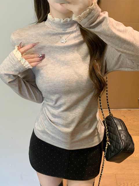 Korean Style Sweet Half-High Collar Lace Patchwork T-Shirt for Women 2025 Early Autumn Design Double-Sided Cashmere Slim Fit Top