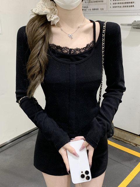 Petite Pure Desire Lace-Trimmed Faux Two-Piece T-Shirt for Women 2025 Autumn and Winter Unique Design Slim-Fit Cashmere Long-Sleeve Top