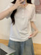 Gray Simple Casual Polo Collar Raglan Sleeve Knit Top for Women, Fashionable Button-Down Turn-Down Collar Loose Versatile Short-Sleeve Shirt