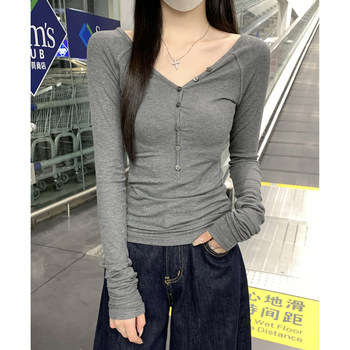 Korean Style Petite V-Neck Button-Up Long-Sleeve T-Shirt for Women 2024 Autumn and Winter Raglan Design Slim Fit Inner Top