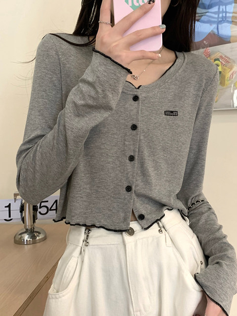 French-Style Age-Reducing Color-Blocked Ruffled Long-Sleeve Cardigan for Women, New Spring/Summer Design, Short and Unique Beautiful Top