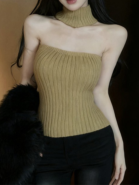 Red Christmas Pure Desire Halter Neck Knitted Vest for Women, Autumn and Winter Sexy Slim Fit Inner Wear Short Tube Top