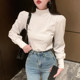 French-Style Half-High Collar Puff Long-Sleeve T-Shirt for Women, New Autumn and Winter Simple White Slim-Fit Thermal Base Layer Shirt ins