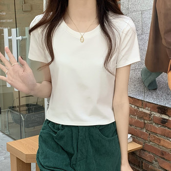 Basic Solid Color Round Neck Regular Shoulder Short-Sleeve T-Shirt for Women, New Summer Style, Petite, Slim Fit, Versatile Top