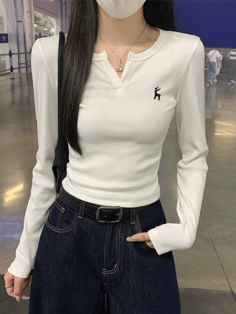 Gray Half-Open Collar Chic and Beautiful T-Shirt Base Layer for Women 2025 Autumn Embroidered Design Stylish V-Neck Slim Fit Top