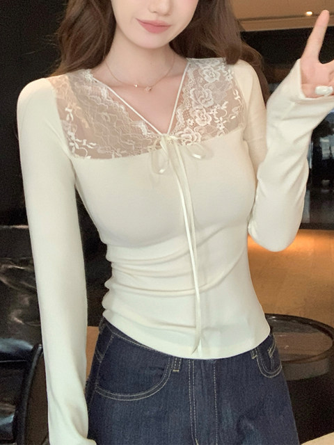 2026 Spring Pure Desire Style Lace Patchwork V-Neck T-Shirt for Women, Korean Version, Unique and Beautiful Base Layer Top with Tie-Up Design