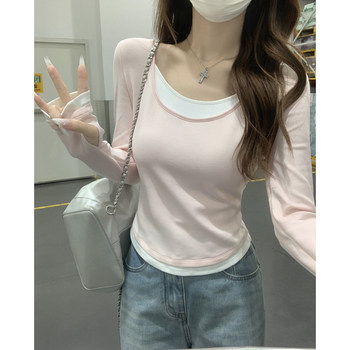 Autumn and Winter 2025 New Style Petite Slim-Fit Color-Blocked Faux Two-Piece T-Shirt for Women, Sweet Pink Versatile Long-Sleeve Base Shirt