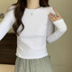 Chic Round-Neck Fishbone Long-Sleeve Base Shirt for Women, New Spring Korean Style, White Ribbed Slim-Fit Short Top