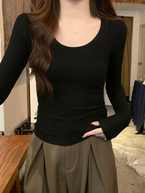 Hot Girl Style U-Neck Casual Versatile Long-Sleeve T-Shirt for Women, Spring White Round Neck Slim-Fit Slimming Base Shirt, Short Top