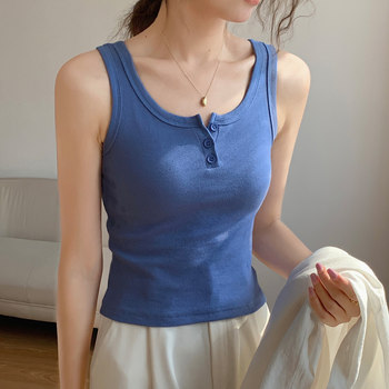 Basic Style Button-Up Vest for Women, Pure Cotton, New Summer Korean Version, Slim Fit for Petite Figures, Sleeveless Short Top