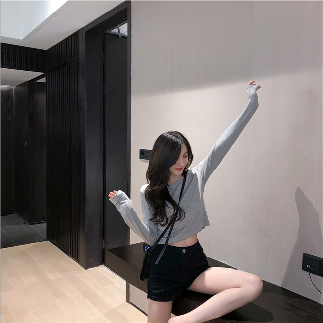 Spring and Summer Short Crop Top with Long Sleeves, Revealing the Belly Button, Thin Modal Sexy High-Waisted Jazz Dance T-Shirt for Women