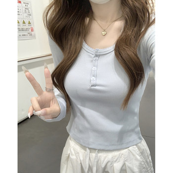 Trendy Square-Neck Button-Up Long-Sleeve T-Shirt for Women, 2025 Autumn, Petite, Slim-Fit, Versatile, Short Crop Top