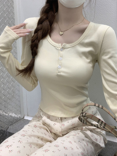 Be careful with square collar button-down long-sleeved T-shirt for women 2025 autumn petite slim fit versatile short crop top