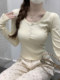 Be careful with square collar button-down long-sleeved T-shirt for women 2025 autumn petite slim fit versatile short crop top