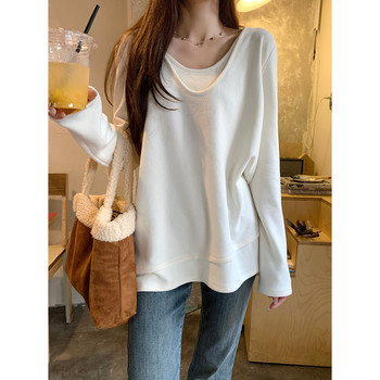 Korean Style Loose Casual Long-Sleeved T-Shirt for Women 2026 Spring Fake Two-Piece Spliced U-Neck Bottoming Shirt Simple Top