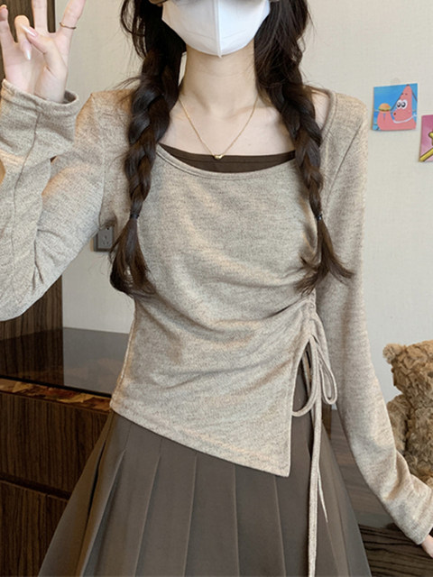 French-Style Sweet Slim-Fit Long-Sleeve T-Shirt for Women 2025 Autumn Color-Blocking Design Fake Two-Piece Drawstring Slit Top