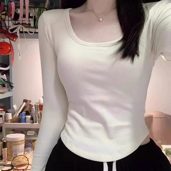 Chic Waist-Cinching Short Square-Neck T-Shirt for Women, Regular Shoulder Long-Sleeve Base Shirt, Brushed for Warmth, Curved Hem Slim-Fit Top
