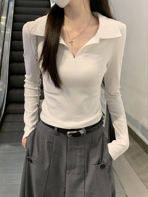 Korean Style Chic Slim-Fit Polo Collar Long-Sleeve T-Shirt for Women, New Autumn Solid Color Versatile Trendy Top This Year