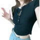Pure and Alluring Style, Unique Button Half-Open Collar Short-Sleeve T-Shirt for Women, 2023 Summer High-Waisted Short Slim-Fit Bm Top ins
