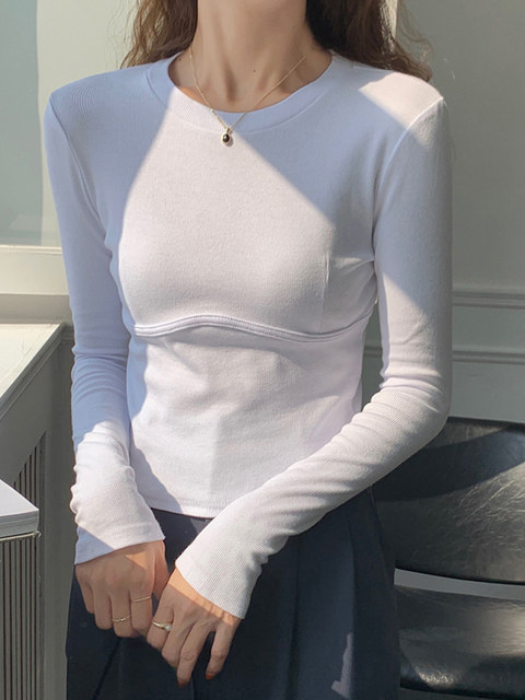 Korean Style White Round Neck Long-Sleeved T-Shirt for Women, Autumn and Winter New Design, Fishbone Slim Fit, Slimming Short Top