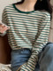 Chic Red and White Striped Round Neck Long-Sleeved T-Shirt for Women, Early Autumn New Korean Style Pure Cotton Color-Blocking Casual Loose Base Shirt