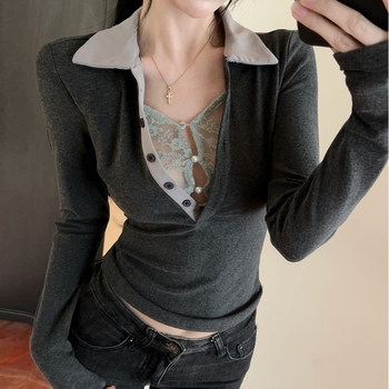 Purely Alluring Spicy Girl Style Waist-Cinching Slimming Chic Knit Sweater for Women, Autumn and Winter Fake Two-Piece Design with Lace Splicing, Stunning Top