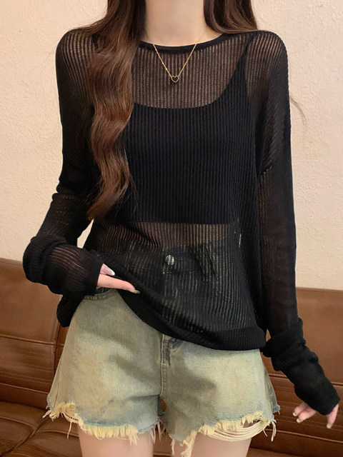 Sexy and Alluring Black Long-Sleeve Hollow-Out Knit Top for Women, Spring Thin See-Through Sun Protection Cover-Up, Loose Versatile Top