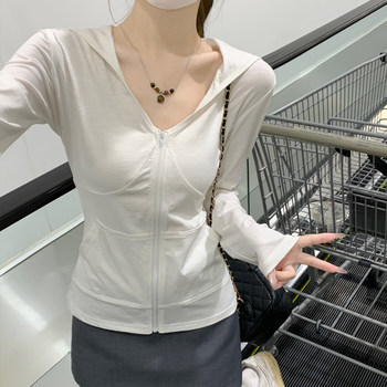 Korean Chic White Hooded Sun Protection Cardigan for Women, Summer Slim-Fit Thin Long-Sleeve T-Shirt, Sexy Fishbone V-Neck Top