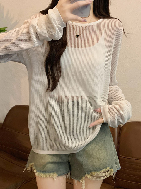 Sexy and Alluring Black Long-Sleeve Hollow-Out Knit Top for Women, Spring Thin See-Through Sun Protection Cover-Up, Loose Versatile Top