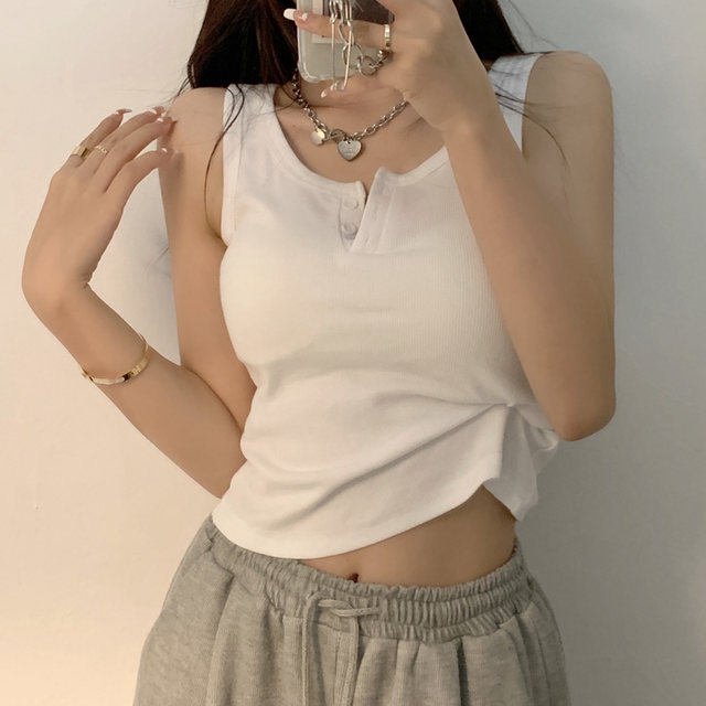 2025 Summer Sexy Button Detail Camisole Inner Top Tight Ribbed Cotton Short Sleeveless Tank Top for Women Trendy