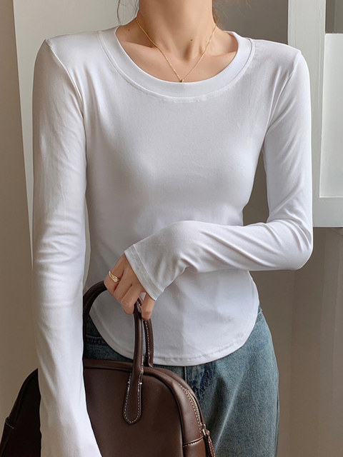 Chic Round Neck Irregular Hem Long-Sleeved T-Shirt for Women, New Autumn Korean Style Solid Color Slim Fit Short Top