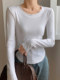 Chic Round Neck Irregular Hem Long-Sleeved T-Shirt for Women, New Autumn Korean Style Solid Color Slim Fit Short Top