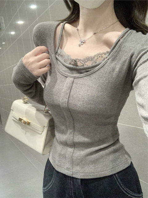 Petite Pure Desire Lace-Trimmed Faux Two-Piece T-Shirt for Women 2025 Autumn and Winter Unique Design Slim-Fit Cashmere Long-Sleeve Top