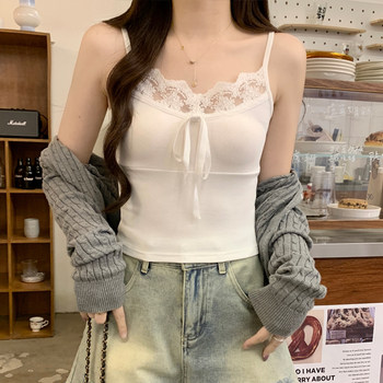 2025 Spring French Sweet and Spicy Style Lace Patchwork Camisole Women's V-Neck Bowknot Printed Short Top