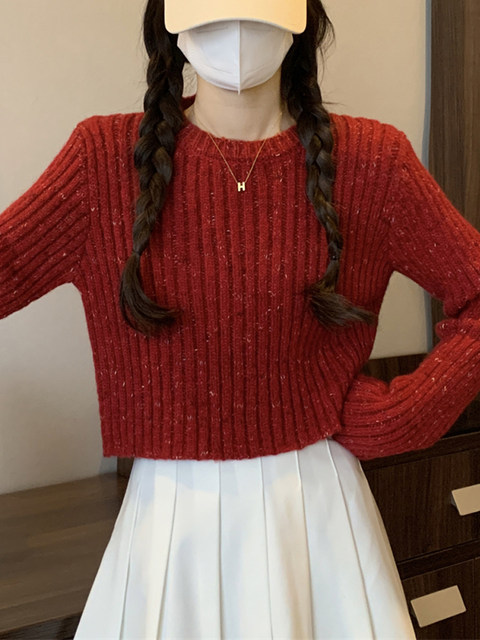 Korean Style Petite Lazy Style Knitted Sweater for Women, Autumn and Winter Versatile, Fine Shimmer, High-End Feel, Round Neck, Short Pullover Top
