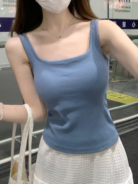 French-Style Simple Outerwear Camisole with Chest Pads for Women, Summer 2025, Green, Unique and Beautiful Top, Trendy Blouse