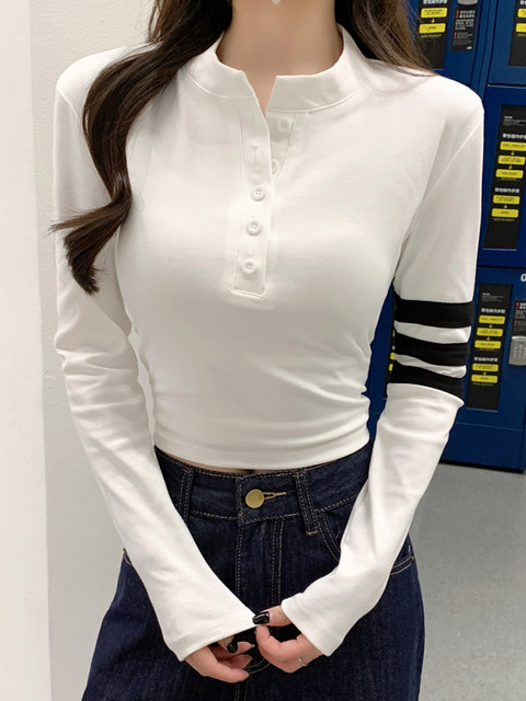 Designed with a Stylish Stand-Up Collar and Unique Buttons, This Long-Sleeve T-Shirt for Women in Spring Features a Waist-Cinching, Slim-Fit, Short Korean-Style Top