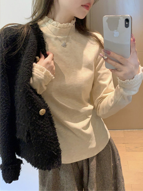 Korean Style Sweet Half-High Collar Lace Patchwork T-Shirt for Women 2025 Early Autumn Design Double-Sided Cashmere Slim Fit Top