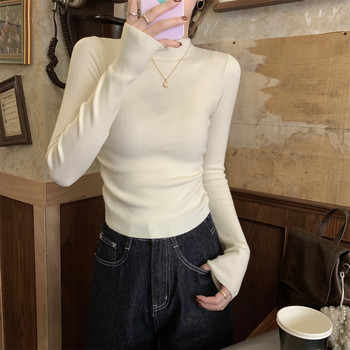 Half-Turtleneck Solid Color Versatile Long-Sleeve Base Sweater for Women, 2025 Autumn and Winter Design with Pleated Curved Hem Short Top