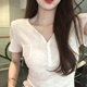 White Short-Sleeve T-Shirt for Women, 2025 Summer New Slim-Fit Korean V-Neck Bamboo Cotton Side-Slit Top, Base Shirt