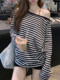 Korean Style Loose and Casual High-End Striped Long-Sleeve T-Shirt for Women, Spring Off-Shoulder Unique Raglan Top