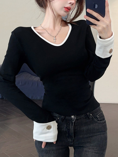 Korean Style Pure Desire Style Color-Block V-Neck Long-Sleeve T-Shirt for Women 2025 Winter Unique Shirt Sleeve Top Brushed Warm Base Layer Shirt