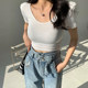 Pure Desire Style Large Round Neck Padded Shoulder White Short-Sleeve T-Shirt for Women, New Summer Tight-Fitting Crop Top for Layering