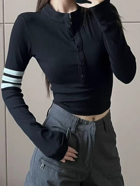 Korean Style Stand Collar Single-Breasted Long-Sleeve T-Shirt for Women, Spring Spicy Girl Style Slim Fit Short Striped Patchwork Base Shirt Top