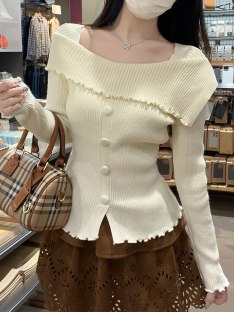 French-Style Sweet One-Line Neckline Ruffled Knit Top for Women, Spring Season, Button Design, Apricot Color, High-End Niche Top