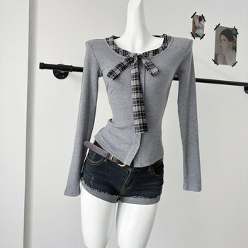 Gray High-End Faux Two-Piece Plaid Patchwork Blouse for Women, New Spring and Autumn Style with Bow Tie and Unique V-Neck Top
