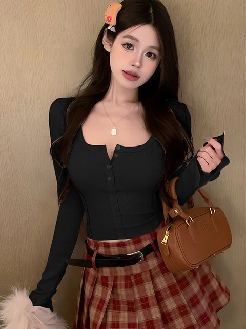 Sexy pure desire U-neck long-sleeved t-shirt for women in autumn and winter new inner layering shirt slim square collar navel-baring short top
